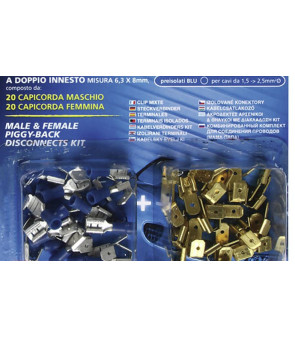 Kit 40 terminali-capicorda piatti 6,3 x 8 mm a doppio innesto - Blu