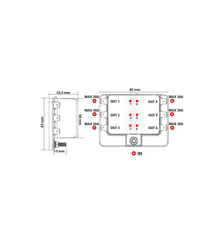 Fuse box, 1 input - 6 outputs, 12-24V - 5-30A