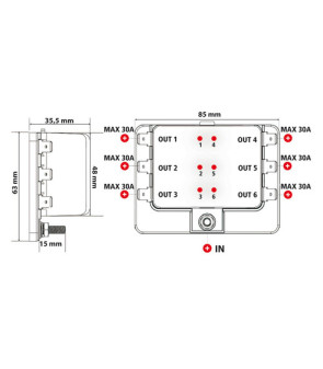 Boîte à fusibles, 1 entrée - 6 sorties, 12-24V - 5-30A