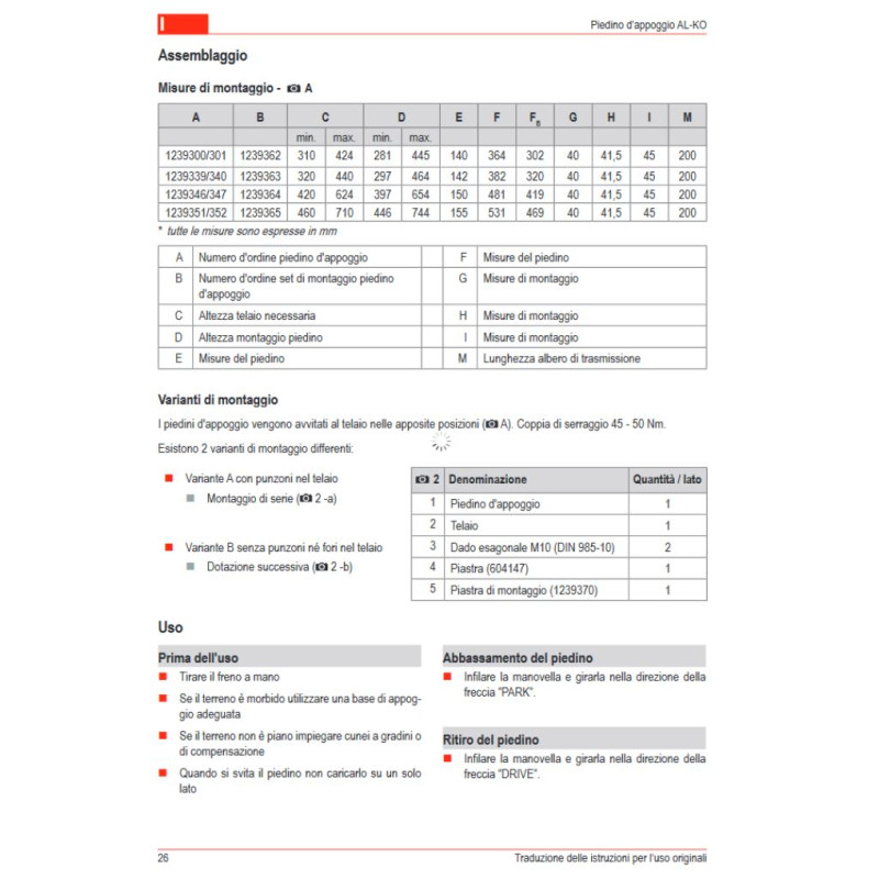 Pieds de support AL-KO ClickFix, manivelle...