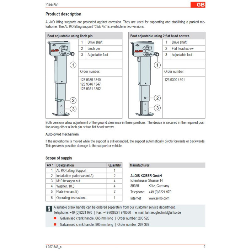 Pieds de support AL-KO ClickFix, manivelle...