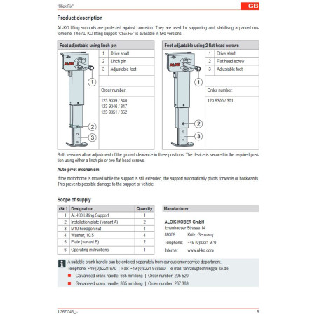 Pieds de support AL-KO ClickFix, manivelle manuelle