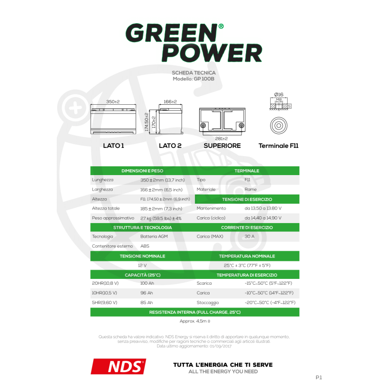 Batería de servicios GP100B NDS GREENPOWER AGM