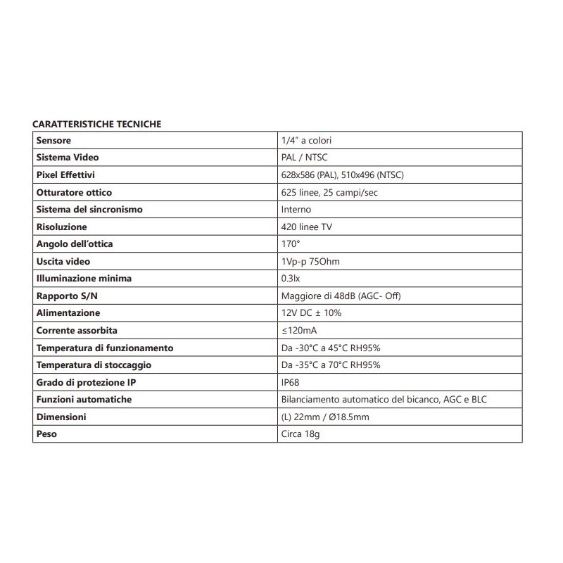 Telecamera PAL/NTSC bulbo mirror+linee profondità