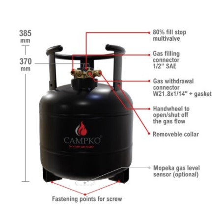Bombona de gas CAMPKO 67R01 acero 15 L - 385mm multiválvula y manómetro (DE) válvula de cierre de llenado 80%