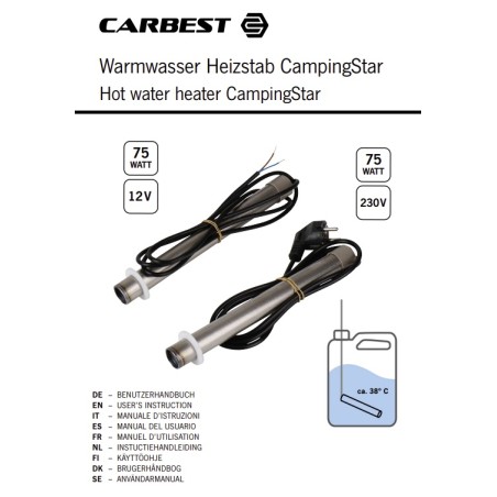 Calentador de agua eléctrico - Varilla calefactora para agua caliente en depósitos Carbest Campingstar 12 V 75 W, temperatura 38