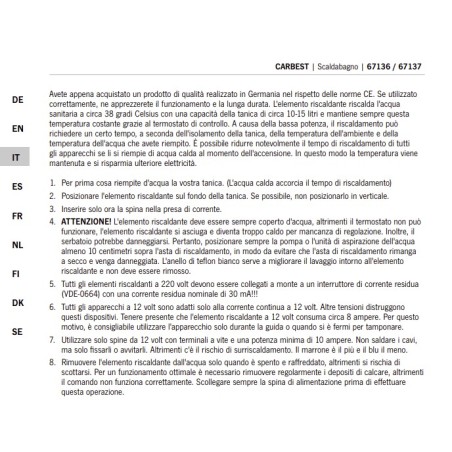 Scaldabagno elettrico - Asta riscaldante per acqua calda nelle taniche Carbest Campingstar 12V 75W, temperatura 38°C