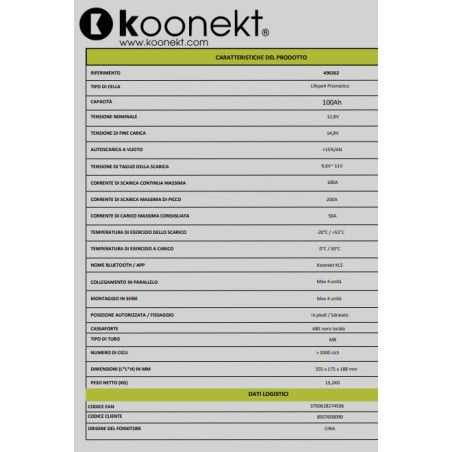LiFePo4 lithium battery with compact prismatic cell KL5 100Ah INTEGRATED BMS and BLUETOOTH - KOONEKT