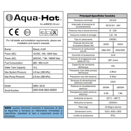 SISTEMA DI RISCALDAMENTO COMBINATO AQUA-HOT GEN1 D4 E – 4kW DIESEL+220V+ ACCESSORI