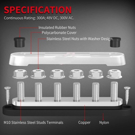 CBE A BUS BAR 4 POSTES M10 RED BASE 300A 48VDC CON CUBIERTA
